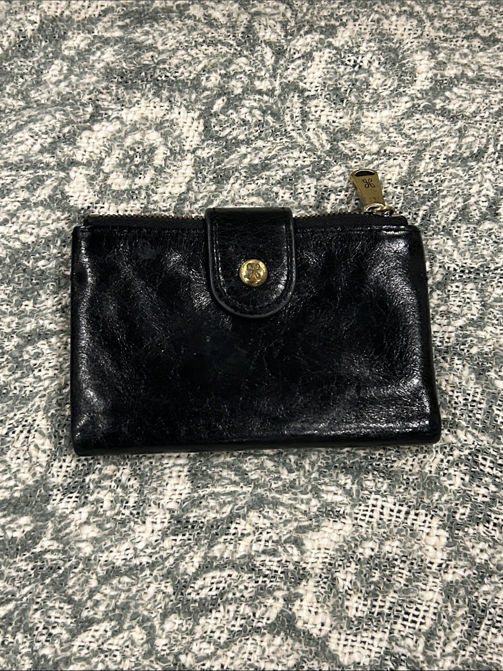 HOBO-Compact Black Leather Wallet with Snap and Zip Closure
